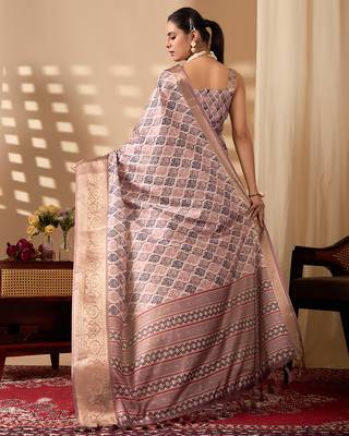 Mauve pink soft lichi silk printed saree with zari woven border | designer traditional wear with contrast blouse 4