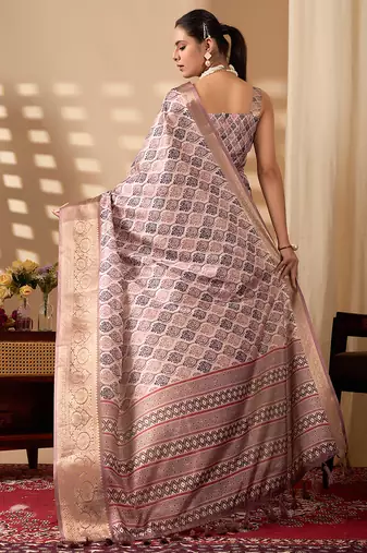 Mauve pink soft lichi silk printed saree with zari woven border | designer traditional wear with contrast blouse