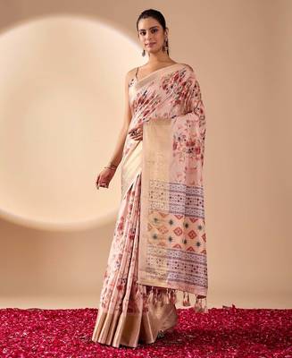 Light mauve floral printed lichi silk zari woven traditional banarasi silk saree with blouse 1