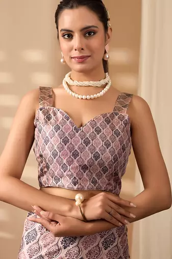 Mauve pink soft lichi silk printed saree with zari woven border | designer traditional wear with contrast blouse