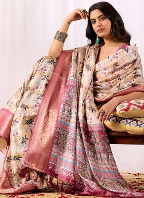 Cream floral printed soft lichi silk saree with contrast zari woven border | designer festival wear saree with blouse 3