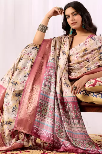Cream floral printed soft lichi silk saree with contrast zari woven border | designer festival wear saree with blouse