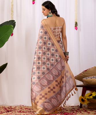 Beige soft lichi silk saree | geometric printed design | rich zari woven border | traditional festive wear | with blouse 4