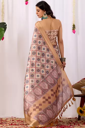 Beige soft lichi silk saree | geometric printed design | rich zari woven border | traditional festive wear | with blouse