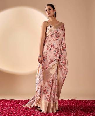Light mauve floral printed lichi silk zari woven traditional banarasi silk saree with blouse 2