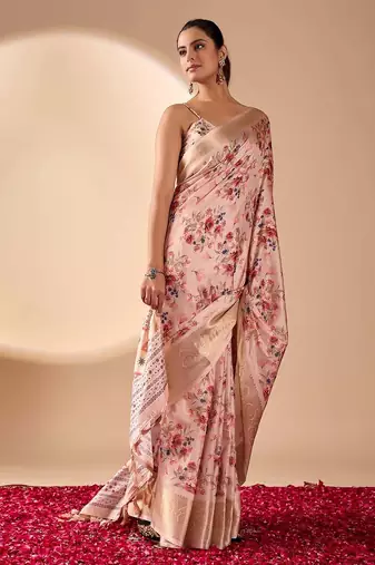 Light mauve floral printed lichi silk zari woven traditional banarasi silk saree with blouse