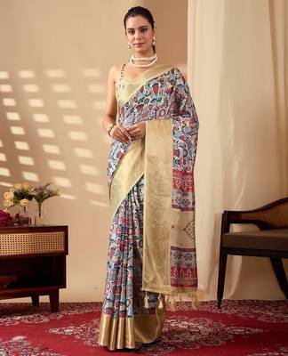 Gold toned soft lichi silk digital weaving saree with zari border | traditional banarasi silk style | with blouse 1