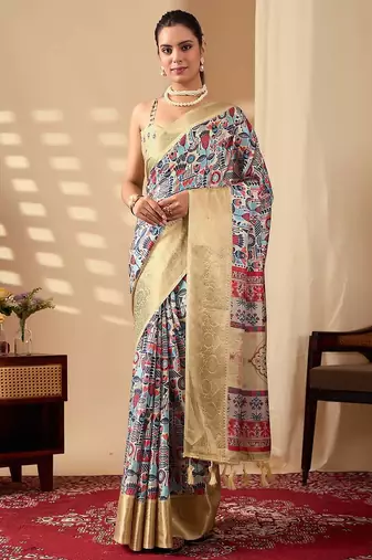 Gold toned soft lichi silk digital weaving saree with zari border | traditional banarasi silk style | with blouse