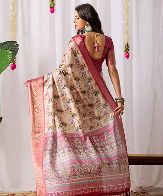 Cream floral printed soft lichi silk saree with contrast zari woven border | designer festival wear saree with blouse 4