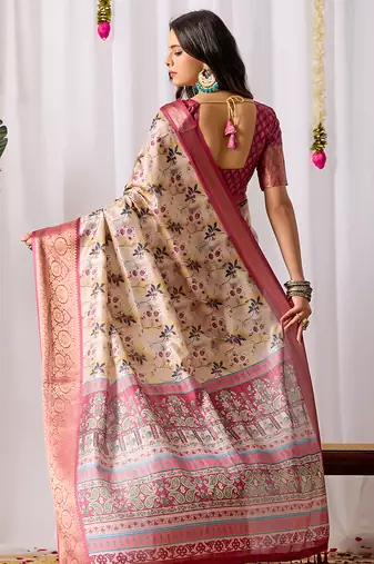Cream floral printed soft lichi silk saree with contrast zari woven border | designer festival wear saree with blouse