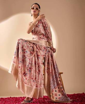 Light mauve floral printed lichi silk zari woven traditional banarasi silk saree with blouse 3