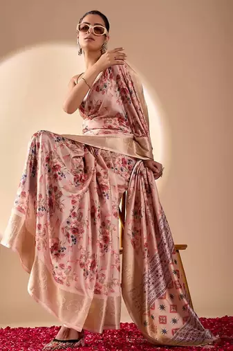 Light mauve floral printed lichi silk zari woven traditional banarasi silk saree with blouse