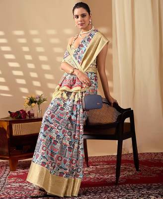 Gold toned soft lichi silk digital weaving saree with zari border | traditional banarasi silk style | with blouse 2