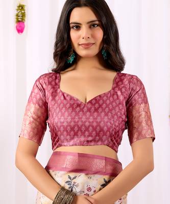 Cream floral printed soft lichi silk saree with contrast zari woven border | designer festival wear saree with blouse 5