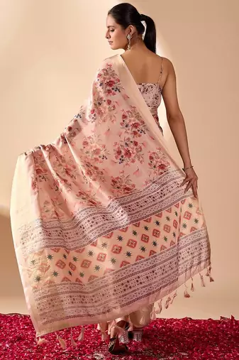Light mauve floral printed lichi silk zari woven traditional banarasi silk saree with blouse