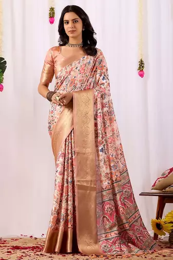 Peach elegant digital floral work soft silk banarasi style saree with rich zari border & contrast blouse