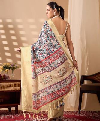 Gold toned soft lichi silk digital weaving saree with zari border | traditional banarasi silk style | with blouse 4