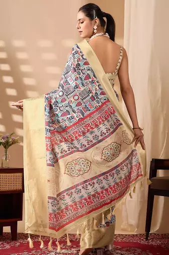 Gold toned soft lichi silk digital weaving saree with zari border | traditional banarasi silk style | with blouse
