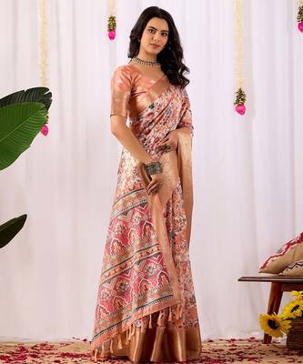 Peach elegant digital floral work soft silk banarasi style saree with rich zari border & contrast blouse 2