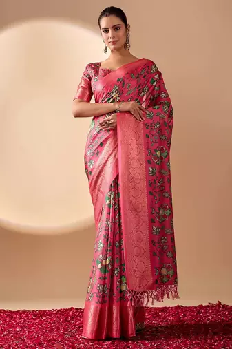 Pink soft lichi silk saree with vibrant floral digital print & rich zari woven border – with blouse