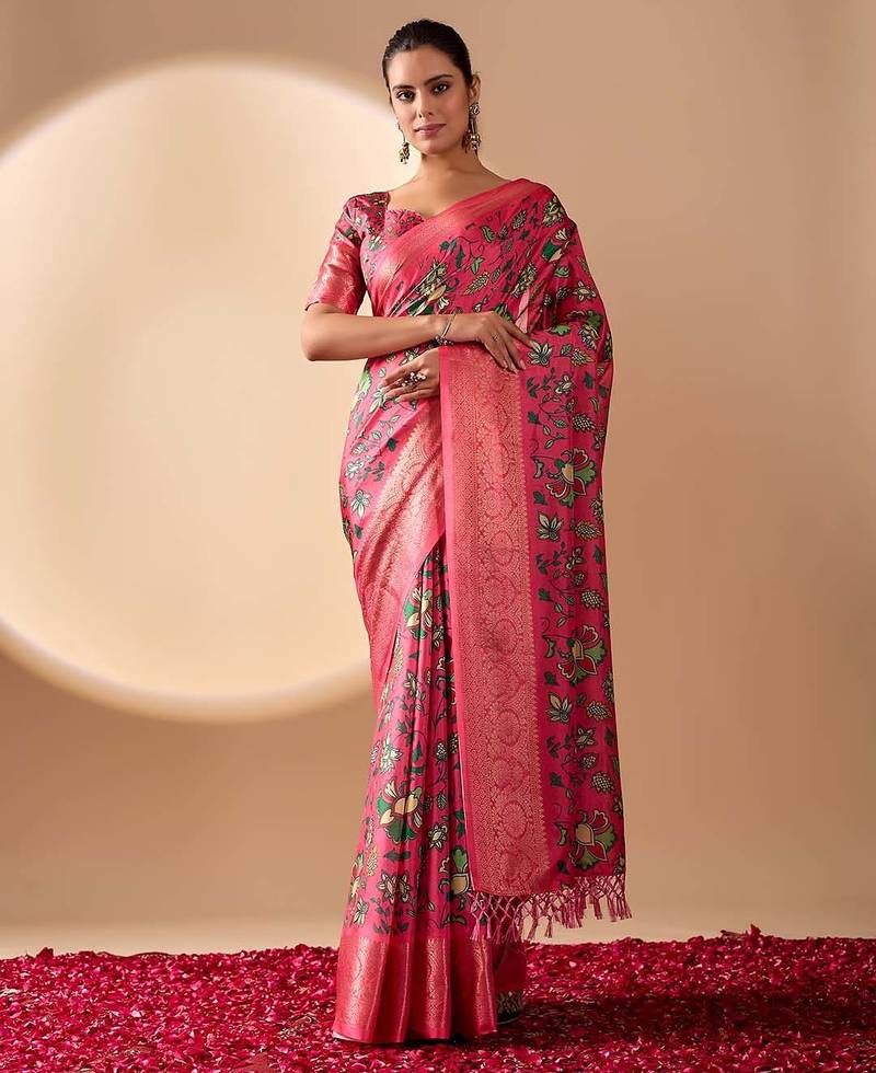 Pink soft lichi silk saree with vibrant floral digital print & rich zari woven border – with blouse