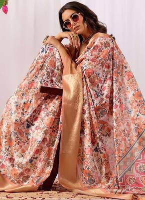 Peach elegant digital floral work soft silk banarasi style saree with rich zari border & contrast blouse 3