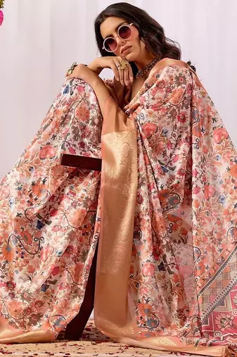 Peach elegant digital floral work soft silk banarasi style saree with rich zari border & contrast blouse