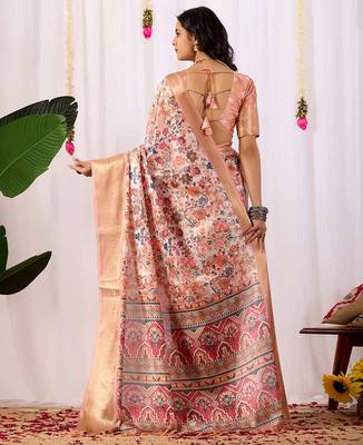 Peach elegant digital floral work soft silk banarasi style saree with rich zari border & contrast blouse 4