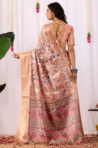 Peach elegant digital floral work soft silk banarasi style saree with rich zari border & contrast blouse