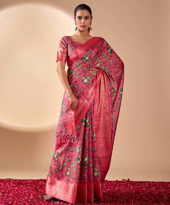 Pink soft lichi silk saree with vibrant floral digital print & rich zari woven border – with blouse 2