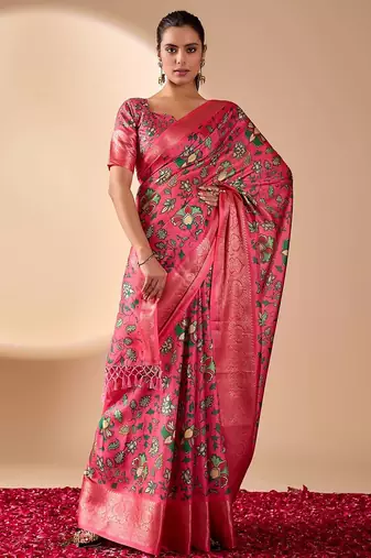Pink soft lichi silk saree with vibrant floral digital print & rich zari woven border – with blouse