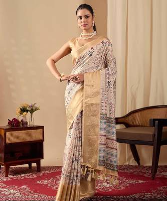 Beige printed soft lichi silk saree with zari woven border | traditional festival wear saree with contrast blouse 1