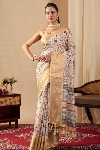 Beige printed soft lichi silk saree with zari woven border | traditional festival wear saree with contrast blouse