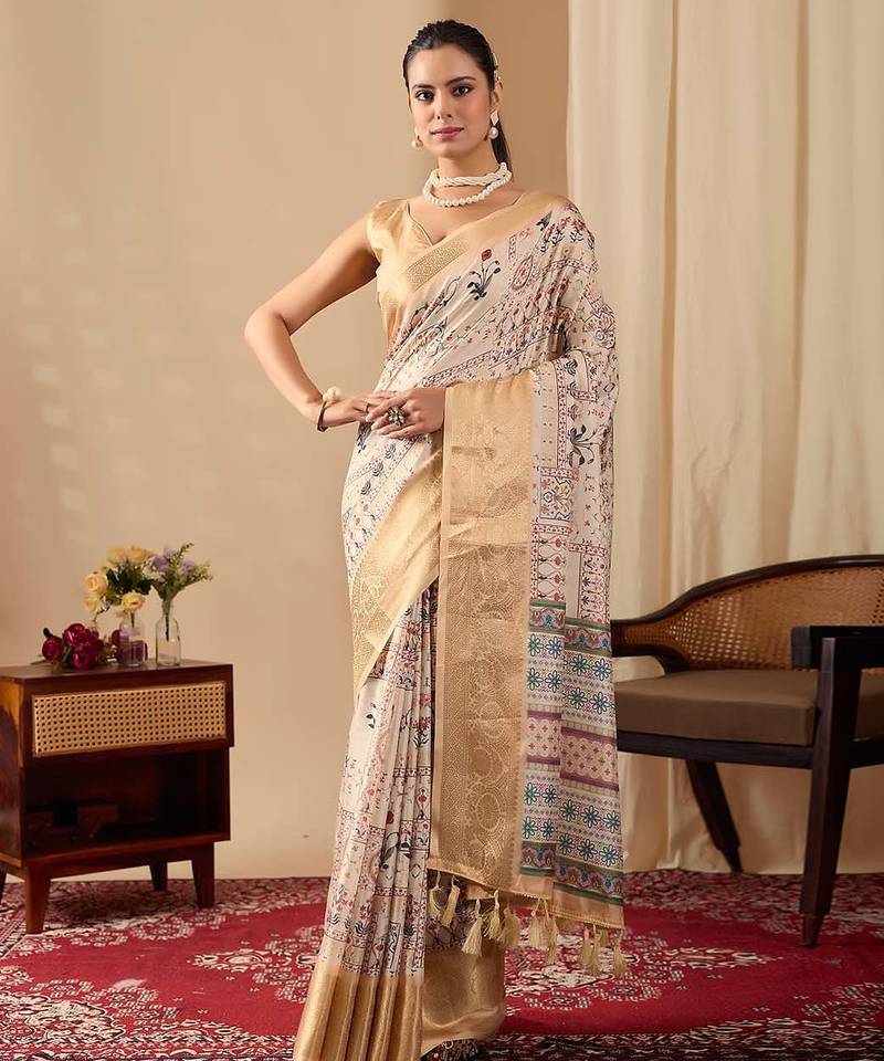 Beige printed soft lichi silk saree with zari woven border | traditional festival wear saree with contrast blouse
