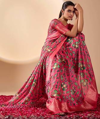 Pink soft lichi silk saree with vibrant floral digital print & rich zari woven border – with blouse 3