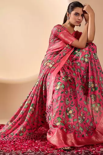 Pink soft lichi silk saree with vibrant floral digital print & rich zari woven border – with blouse