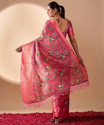 Pink soft lichi silk saree with vibrant floral digital print & rich zari woven border – with blouse 4