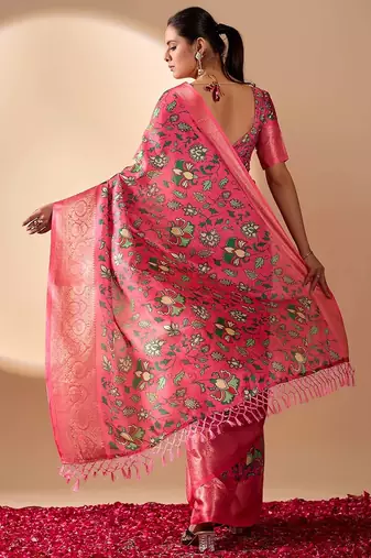 Pink soft lichi silk saree with vibrant floral digital print & rich zari woven border – with blouse