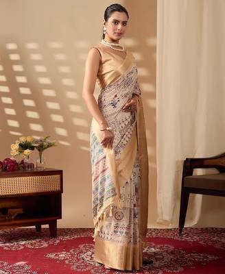 Beige printed soft lichi silk saree with zari woven border | traditional festival wear saree with contrast blouse 2
