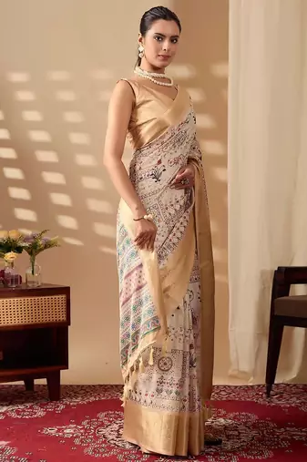 Beige printed soft lichi silk saree with zari woven border | traditional festival wear saree with contrast blouse