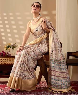 Beige printed soft lichi silk saree with zari woven border | traditional festival wear saree with contrast blouse 3