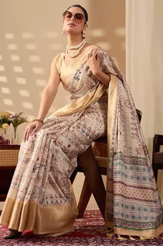 Beige printed soft lichi silk saree with zari woven border | traditional festival wear saree with contrast blouse