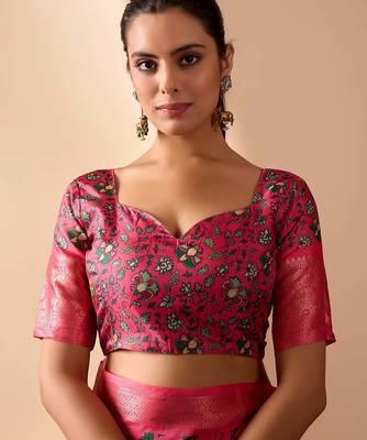 Pink soft lichi silk saree with vibrant floral digital print & rich zari woven border – with blouse 5