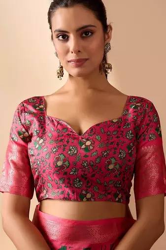 Pink soft lichi silk saree with vibrant floral digital print & rich zari woven border – with blouse