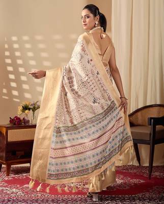Beige printed soft lichi silk saree with zari woven border | traditional festival wear saree with contrast blouse 4
