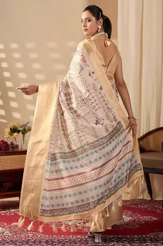 Beige printed soft lichi silk saree with zari woven border | traditional festival wear saree with contrast blouse