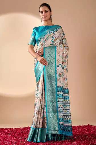Beige lichi silk saree with digital print & rich zari woven border | designer festival wear with blouse