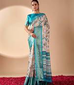 Beige lichi silk saree with digital print & rich zari woven border | designer festival wear with blouse