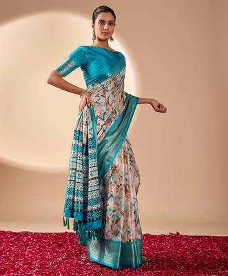 Beige lichi silk saree with digital print & rich zari woven border | designer festival wear with blouse 2