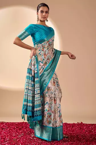 Beige lichi silk saree with digital print & rich zari woven border | designer festival wear with blouse